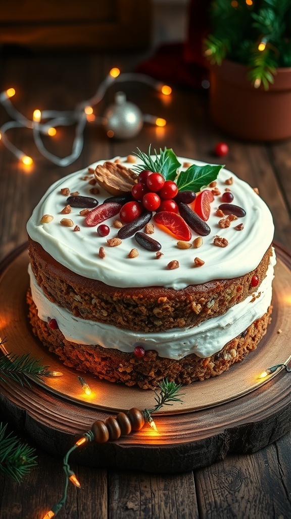 A festive Christmas cake decorated with icing, dried fruits, and nuts, surrounded by holiday decorations.